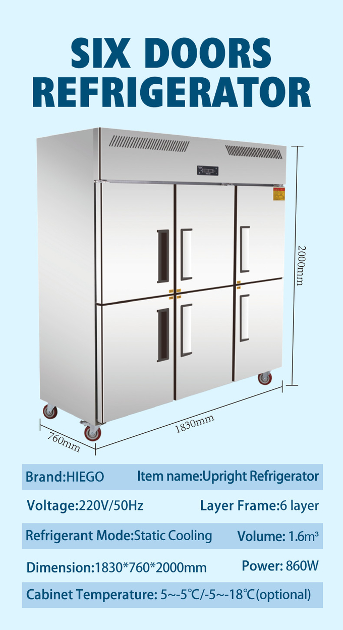 attrezzatura di refrigerazione commerciale del congelatore verticale delle doppie porte di 210W 500L 10
